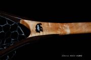 Custom Sierra Nets Fly fishing Net in Cat's Paw Burl Maple & Wenge.  Custom Inlay of Bearfish 