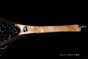Custom Sierra Nets Fly fishing Net in Cat's Paw Burl Maple & Wenge.  Custom Inlay of Bearfish 