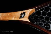 Custom Sierra Nets Fly fishing Net in Cat's Paw Burl Maple & Wenge.  Custom Inlay of Bearfish 