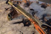 This brook trout themed net has over 700 individual inlays of Brass, Kingman Turquoise & fire coral
