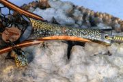 This brook trout themed net has over 700 individual inlays of Brass, Kingman Turquoise & fire coral