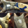 An australian client wanted the Otoliths of his Barramundi inlaid into his net