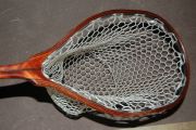 A figured Mahogany & Wenge Custom Fly Fishing Net with Oak Burl External Magnetic Catch